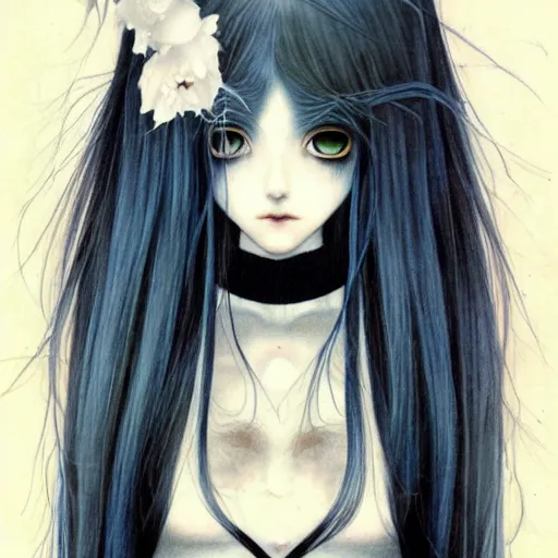 Prompt: a portrait of a character, black hair, blue eyes, dark, gothic, by Miho Hirano, trending on pixv