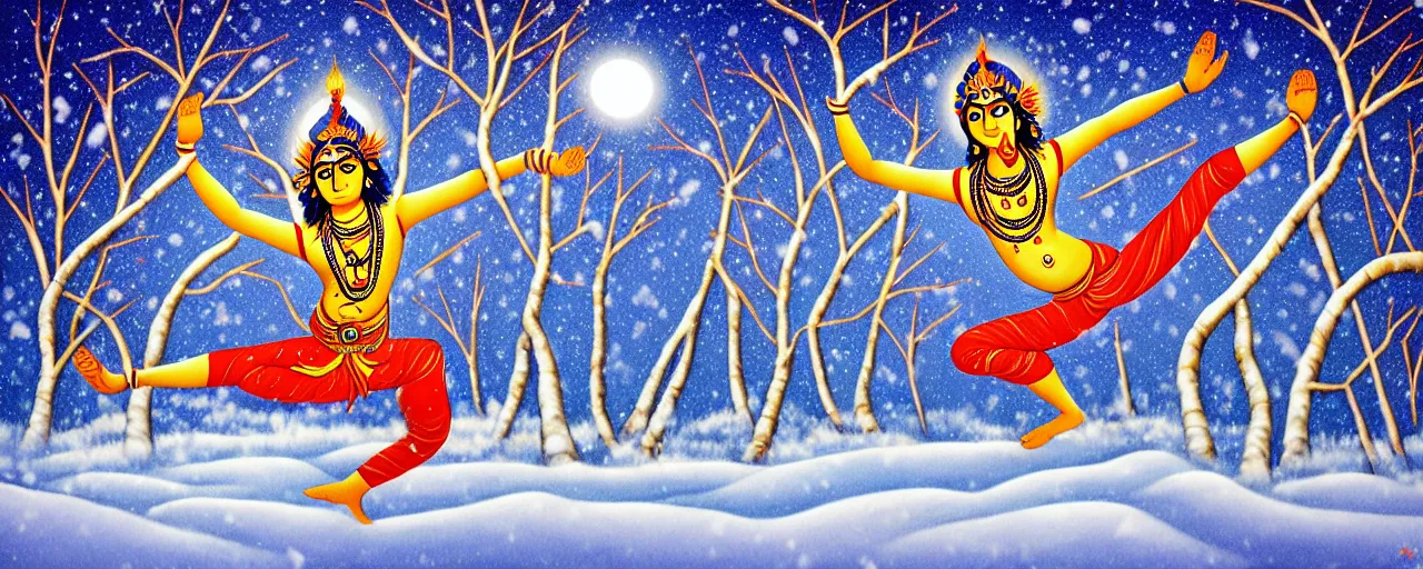 Image similar to nataraja dancing in a winter birch grove and raising snow clouds during a solar eclipse, visionary art style