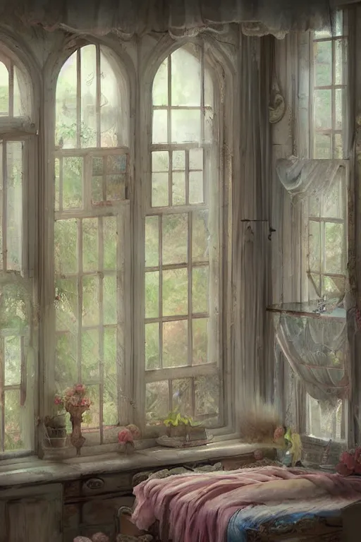 Image similar to matte sharp painting shabby chic room with windows james gurney, artgerm, lisa frank, artstation behance storybook