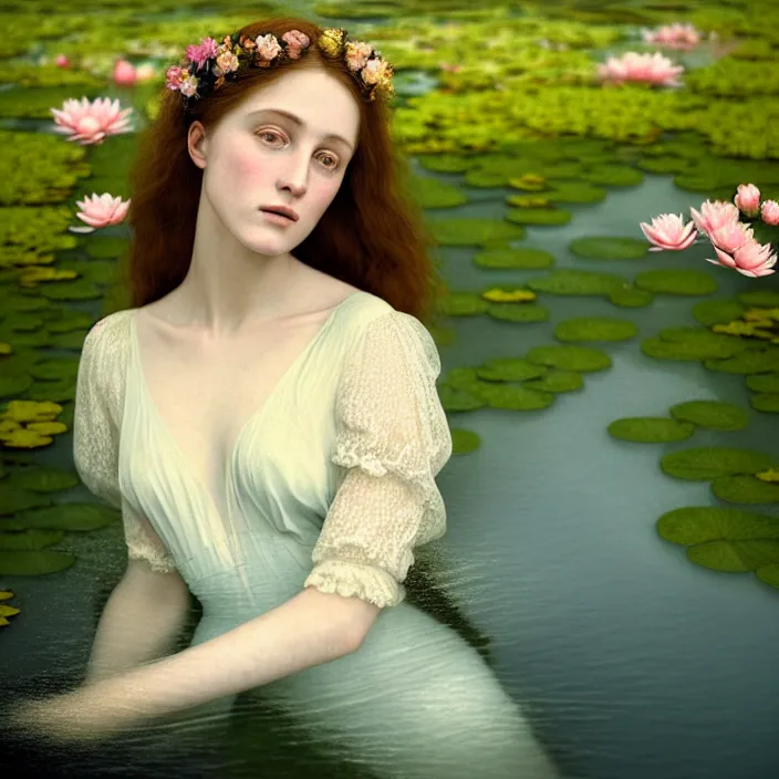 Prompt: Kodak Portra 400, 8K, soft light, volumetric lighting, highly detailed, britt marling style 3/4 ,portrait photo of a beautiful woman how pre-Raphaelites painter, the face emerges from the water of a pond with water lilies, inspired by Ophelia paint , a beautiful lace dress and hair are intricate with highly detailed realistic beautiful flowers , Realistic, Refined, Highly Detailed, natural outdoor soft pastel lighting colors scheme, outdoor fine art photography, Hyper realistic, photo realistic