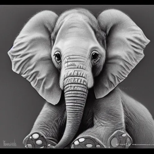 Image similar to cute little baby elephant portrait by Norman Rockwell with long fur, looking at the camera, ultra realistic picture, looking at the camera, highly detailed, 8k, masterpiece, trending on cgsociety