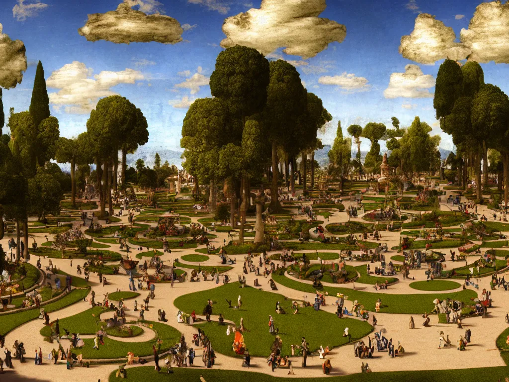 Image similar to a busy elaborate ornate outdoor park designed by leonardo da vinci, cinematic, shadows, partly cloudy day, 4 k, detailed, by