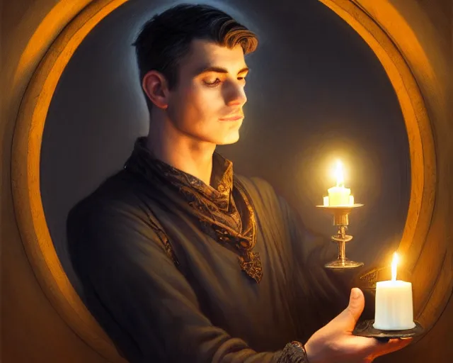 Image similar to a mind - blowing portrait of a fortune seeker male, clean shaven, holding a candle holder, wearing dark maritime clothing, long night cap, deep focus, d & d, fantasy, intricate, elegant, highly detailed, digital painting, artstation, concept art, matte, sharp, illustration, hearthstone, art by artgerm and greg rutkowski and alphonse mucha