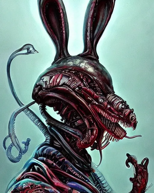 Prompt: abstract xenomorph rabbit in wonderland, highly detailed, concept art, scifi, bizarre, colorful, sharp focus, trending on artstation, intricate, atmosphere, art by roman makarenko, dzung phung dinh