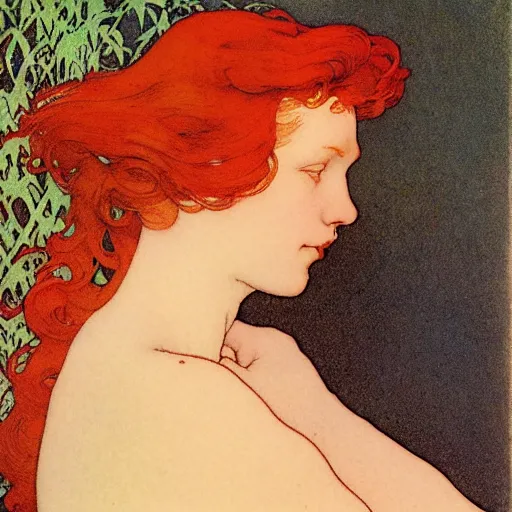 Prompt: redhead woman with arms and hands elegantly at sides, fine lines, clean lines, drawn by maxfield parrish, alphonse mucha, henri gillet, william morris, john henry dearle, audrey kawasaki, james jean, victo ngai, odilon redon, gaston bussiere, felicien rops, eugene grasset, janis rozentals