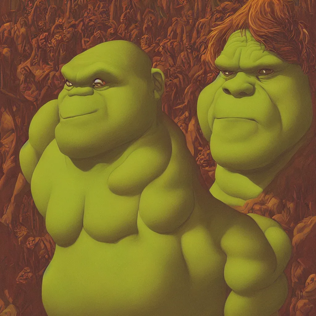 Prompt: a portrait of Shrek by Tim Hildebrandt