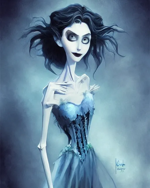 Image similar to elegant mysterious gracious undead victoria everglot from the corpse bride, portrait, illustration, the land of the death, skeletal hand, rim light, top light, summer clear blue sky, perfectly shaded, soft painting, art by krenz cushart and wenjun lin