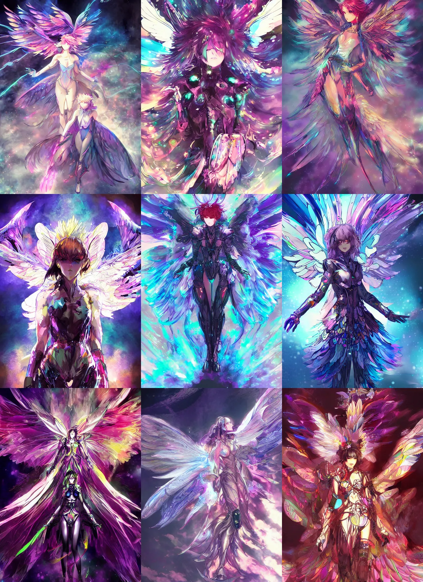 Prompt: wonder dream seraphim and cherubim dark futuristic technologically advanced faeries lady feather wing digital art painting fantasy bloom vibrant in style of yoji shinkawa and hyung - tae kim illustration character design concept colorful joy atmospheric lighting butterfly