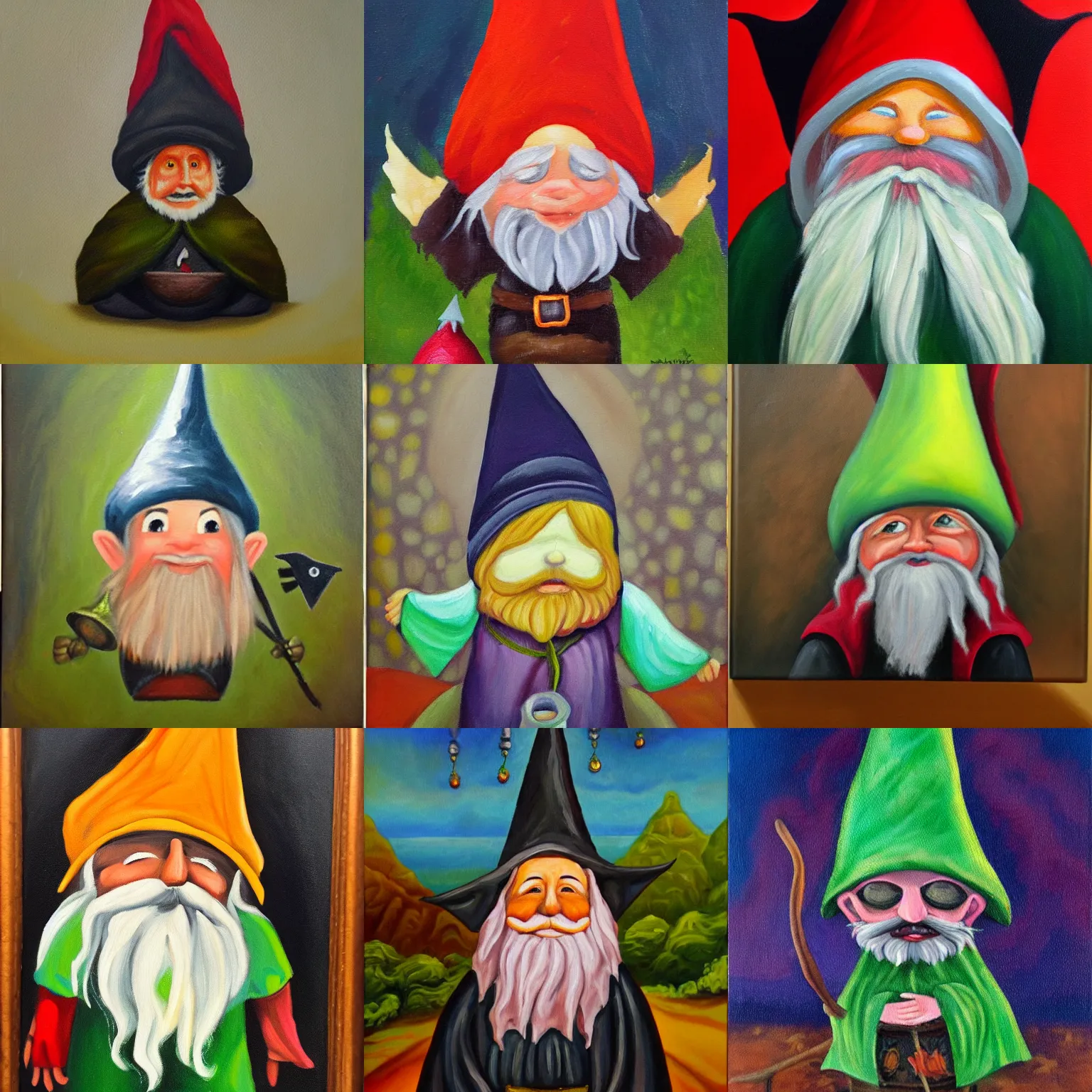 Prompt: gnome wearing witch hat and witch robes, oil painting on canvas