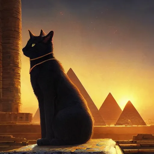 Prompt: Close-up of Cleopatra petting a black cat, sunrise light, pyramids in the background, art by Guweiz, incredible quality, trending on artstation