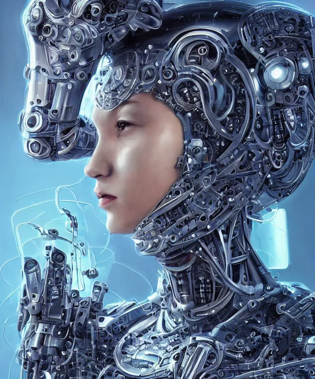 Image similar to a woman turning into an Android portrait wearing a part cybernetic body, surrealism , scifi, intricate mecha armor, elegant, sharp eyebrows, ornate long flowing hair, highly detailed cybernetic body, neon glowing eyes, digital painting, artstation, concept art, smooth, sharp focus, illustration, art by Artgerm and moebius and Peter Mohrbacher