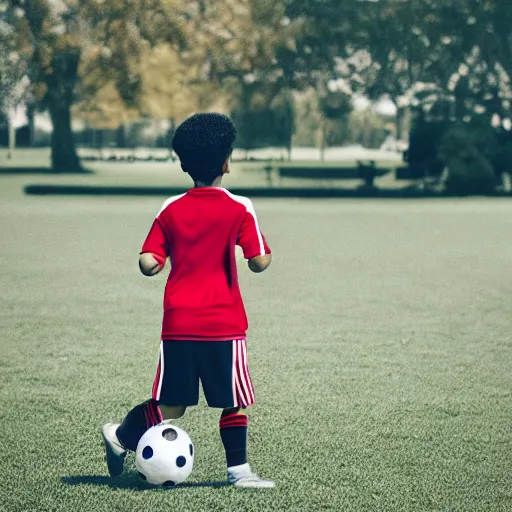 Prompt: a young boy wearing soccer clothes in the park, digital art