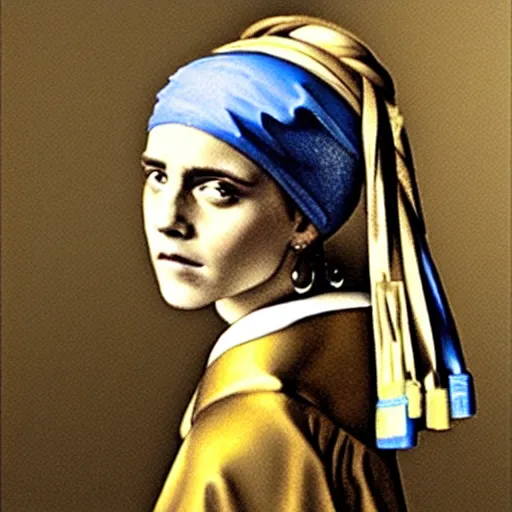 Prompt: Emma Watson with a pearl earring by Johannes Vermeer