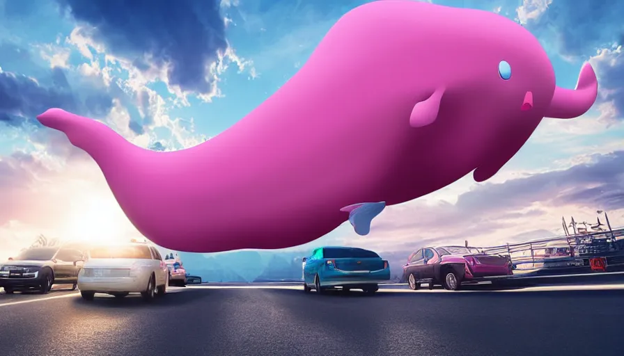 Prompt: a giant pink whale falling out of a blue sky onto cars on a busy bridge, cinematic lighting