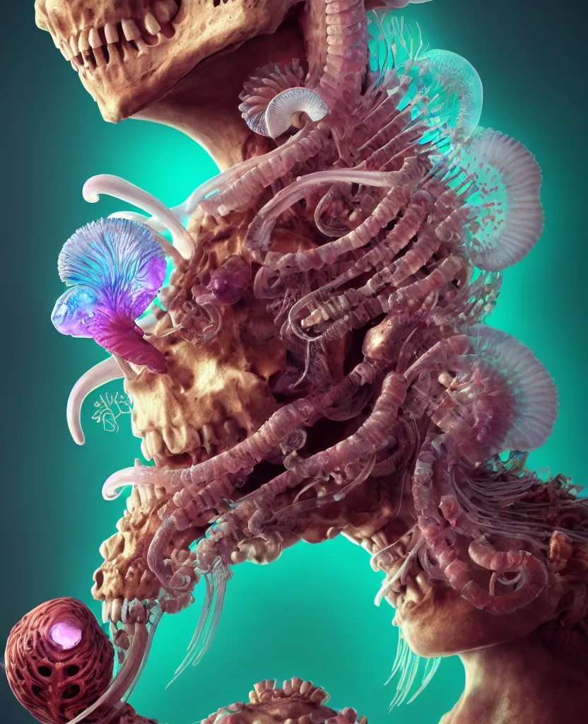 Image similar to goddess close-up portrait ram skull, thorax, x-ray, backbone, jellyfish phoenix head, nautilus, orchid, skull, betta fish, bioluminiscent creatures, intricate artwork by Tooth Wu and wlop and beeple. octane render, trending on artstation, greg rutkowski very coherent symmetrical artwork. cinematic, hyper realism, high detail, octane render, 8k