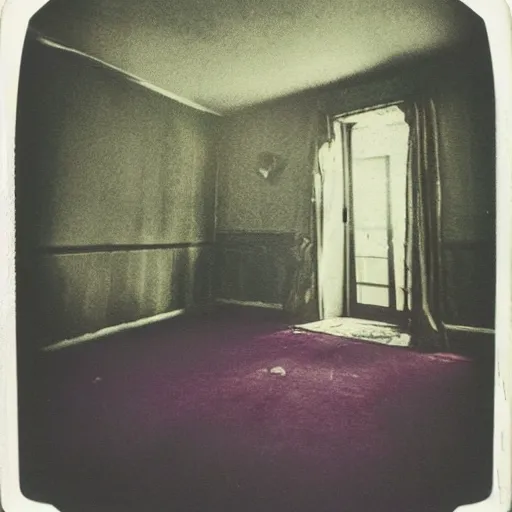 Prompt: coloured atmospheric polaroid photo of a old living room interior with transparent ghosty banshee corpse body floating