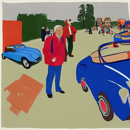 Prompt: an Englishman visits a car boot sale by David Hockney