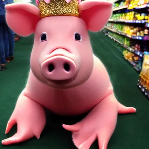 Prompt: cute pig wearing a gold crown as a Muppet 8k shopping at a grocery store