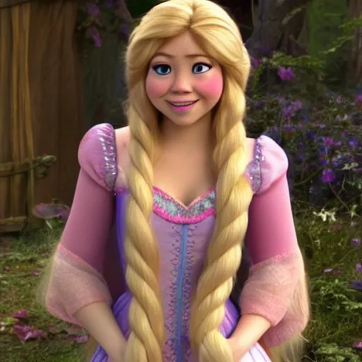 Image similar to Jennette McCurdy as Rapunzel in disney tangled live action, 8k full HD photo, cinematic lighting, anatomically correct, oscar award winning, action filled, correct eye placement,