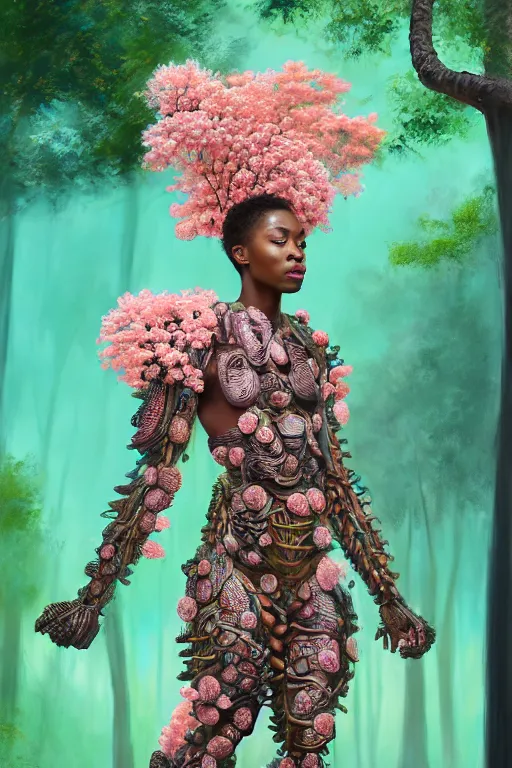 Image similar to hyperrealistic post - renaissance cinematic super expressive! yoruba goddess with exoskeleton armor, merging with tree in a forest, pink orange flowers, highly detailed digital art masterpiece, smooth cam de leon eric zener dramatic pearlescent soft teal light, ground angle hd 8 k, sharp focus