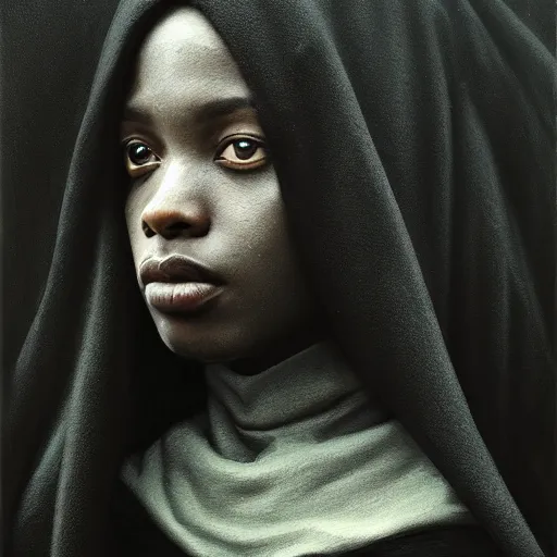 Image similar to a portrait of a young black woman wearing a long dark cloak, hood and shadows covering face, anatomically correct, beautiful perfect face, enigmatic, oil painting, matte painting, black background, Volumetric dynamic lighting, Highly Detailed, Cinematic Lighting, Unreal Engine, 8k, HD, by Beksinski