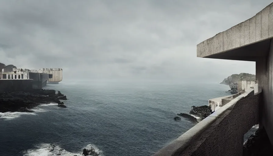 Image similar to coastal perched on a cliff overlooking a magnificient bay, bond villain base, brutalist imperial military base, drawing architecture, imperial architecture in rogue one, pritzker architecture prize, brutalism architecture, jan urschel, greig fraser