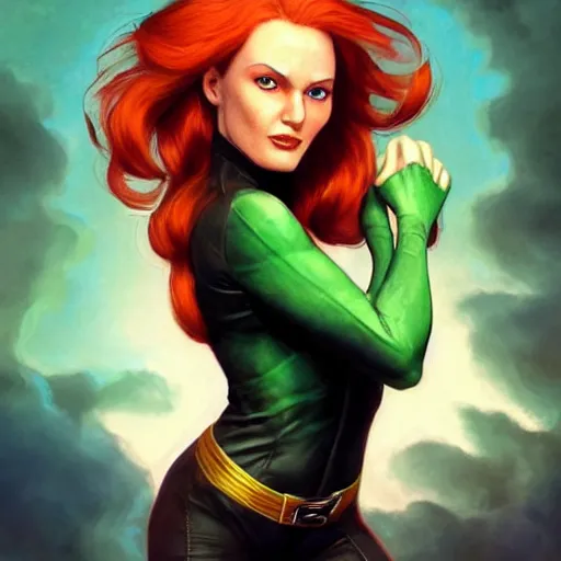 Prompt: jean grey, a full body portrait of jean grey, green eyes, red hair, phoenix rising, flames, flying, comic, x - men, highly detailed, artstation, deviantart, symetry, digital painting, vivid colors, realistic shaded perfect face, volumetric lighting, atmospheric, sharp focus, moody, art by artgerm and greg rutkowski, 8 k