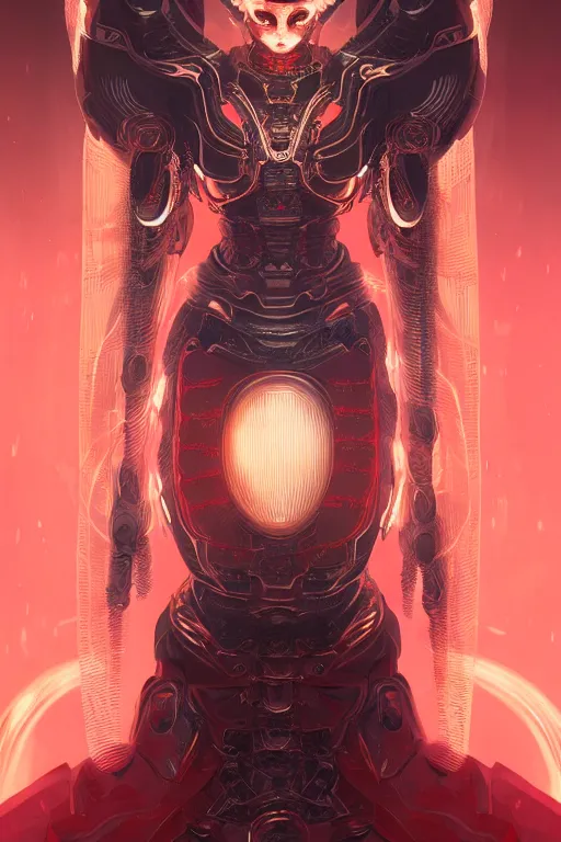 Image similar to asura from chinese myth, ghost, mecha, symmetrical. sci - fi, tech wear, glowing lights, intricate, elegant, highly detailed, digital painting, highly detailed, digital painting, artstation, concept art, smooth, sharp focus, illustration, art by artgerm and greg rutkowski and alphonse mucha