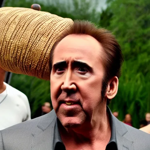 Image similar to nicolas cage wearing a wicker basket on head screaming a mouth full of peas