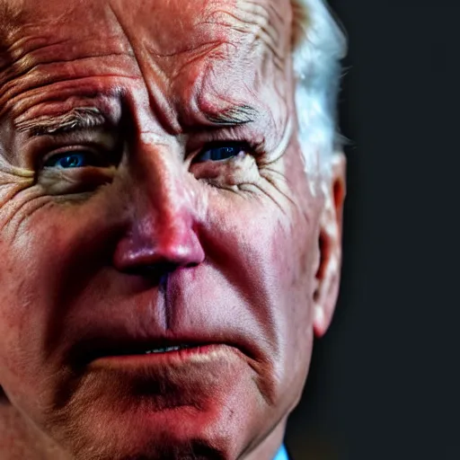 Image similar to cinematic shot of joe biden with glowing red eyes wearing dark combat armor, 8 k, very intricate, very detailed,