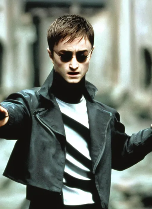 Image similar to film still of Daniel Radcliffe as Neo in The Matrix, 4k