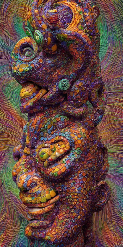 Prompt: a side view of a surreal portrait statue of a monkey as a psychedelic neural tiki reptile stone god by naoto hattori, android jones, and chris dyer, deep bold colors, galactic dmt entity, depth of field, intricate beautiful painting, billions of details, octane render, portal, 8 k, detailed vector, trending on artstation, cgisociety