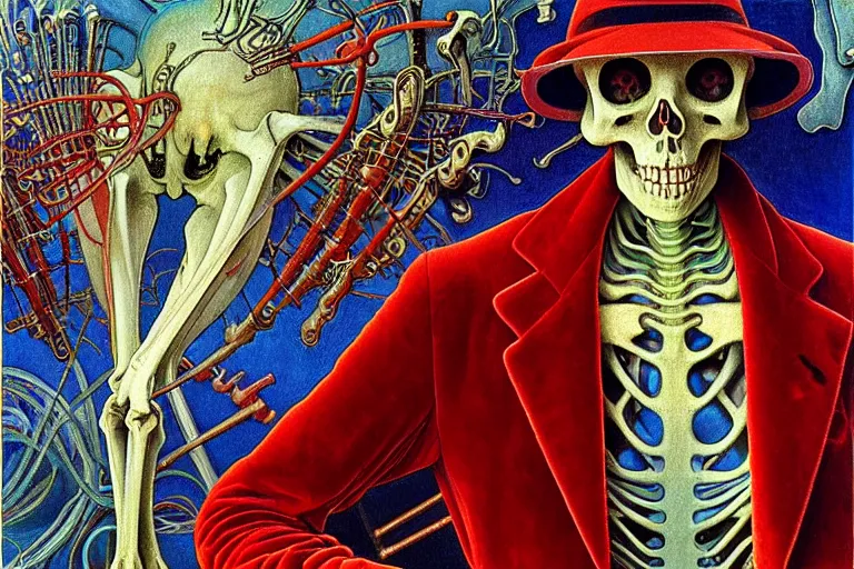 Image similar to realistic detailed closeup portrait painting of a single skeleton wearing red velvet blazer in a crowded futuristic moscow street by Jean Delville, Amano, Yves Tanguy, Alphonse Mucha, Ernst Haeckel, Edward Robert Hughes, Roger Dean, rich moody colours, blue eyes