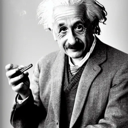 Prompt: Albert Einstein showing his Samsung galaxy note phone to the camera