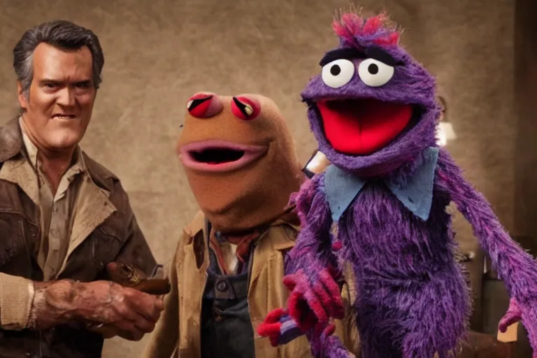 Prompt: High definition scene from Evil Dead Muppets starring Bruce Campbell as Ash