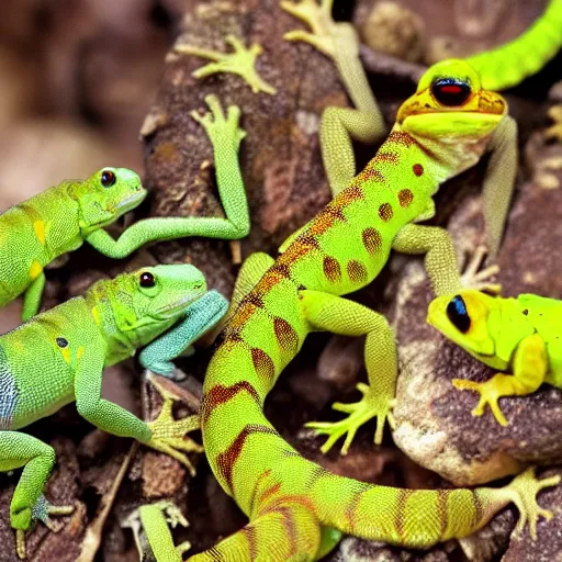 Prompt: geckos in a moshpit