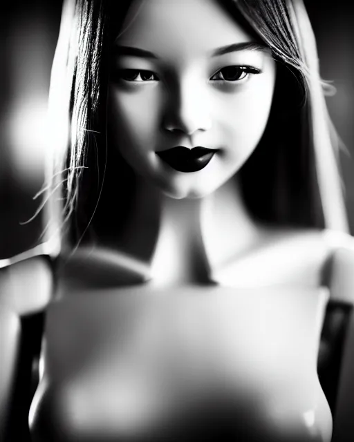 Prompt: black and white dreamy young beautiful female artificial intelligence [ [ smiling ] ], metropolis, cinematic, rim light, bokeh, photo - realistic, elegant, high detail, 8 k, masterpiece, photo taken in 1 9 3 0