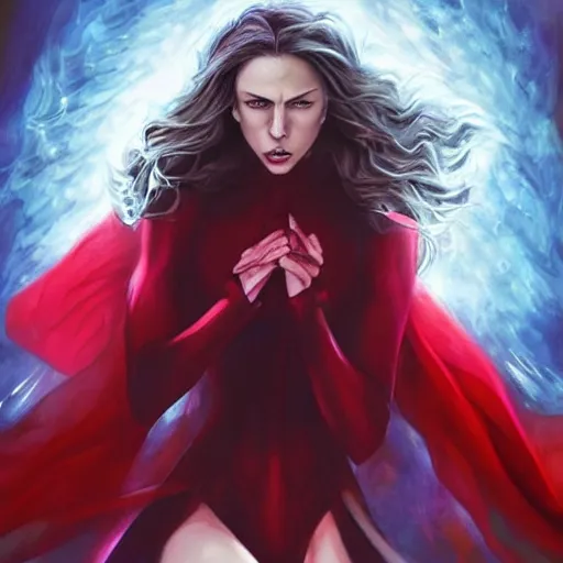 Image similar to scarlet witch going ultra instinct mode, artstation hall of fame gallery, editors choice, #1 digital painting of all time, most beautiful image ever created, emotionally evocative, greatest art ever made, lifetime achievement magnum opus masterpiece, the most amazing breathtaking image with the deepest message ever painted, a thing of beauty beyond imagination or words