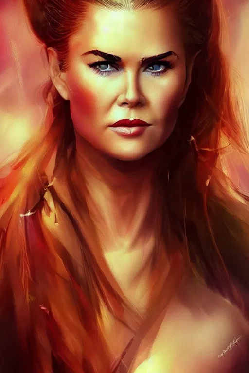 Image similar to mix of beautiful young maria shriver, mariel hemmingway, brooke shields, nicole kidman and elle macpherson as a young amazon warrior, thin lips, hair tied up in a pony tail, dark blonde hair, colorful, artstation, cgsociety