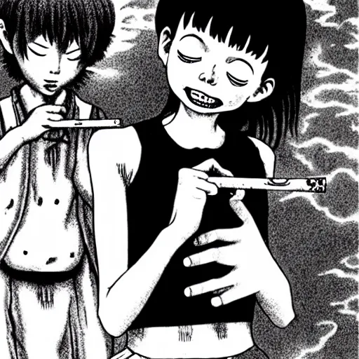 Prompt: children happy smoking by junji ito