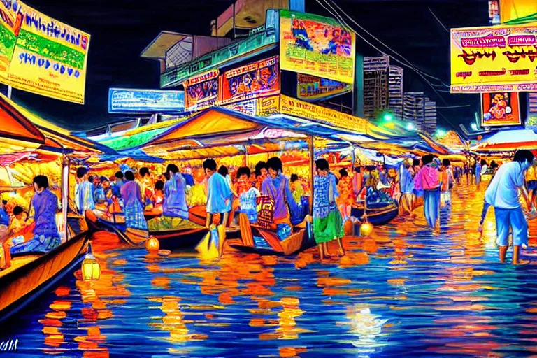 Image similar to detailed painting of Thai river night market, Bangkok, comic style, deep strokes, high quality