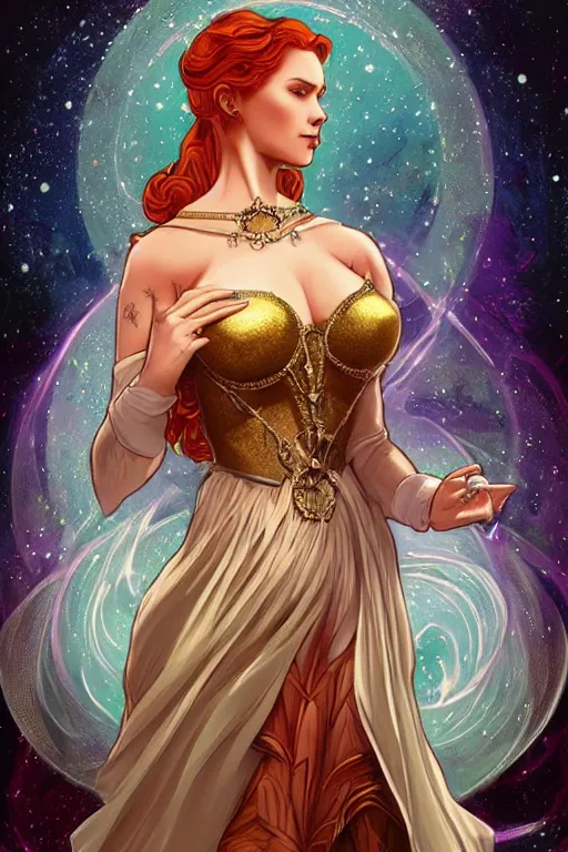 Image similar to a full body tarot card of triss merigold as the thicc empress of time, long and beautiful floor length nebula colored dress made of stars and stardust, emerald tiara and necklace, space, universe, portrait, highly detailed, deep focus, elegant, digital painting, smooth, sharp focus, ultra realistic, 8 k, art by artgerm and alphonse mucha