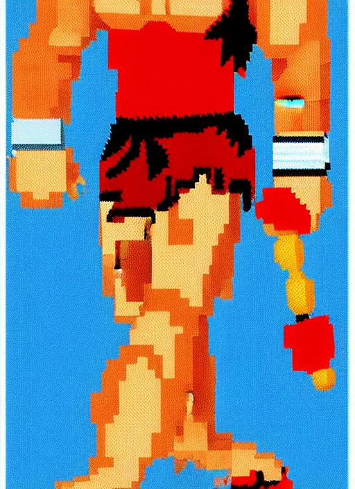 Image similar to full body shot. antropomorphic muscular masculine wolf. kickboxer, in red shorts. wolf head. furr on body. 8 bit nes graphics, pixelate