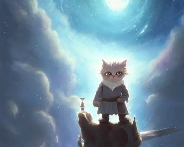 Image similar to one cartoonish kitty dressed as Gandalf floating alone in space, bright stars, anime, a fantasy digital painting by Greg Rutkowski and James Gurney, trending on Artstation, highly detailed