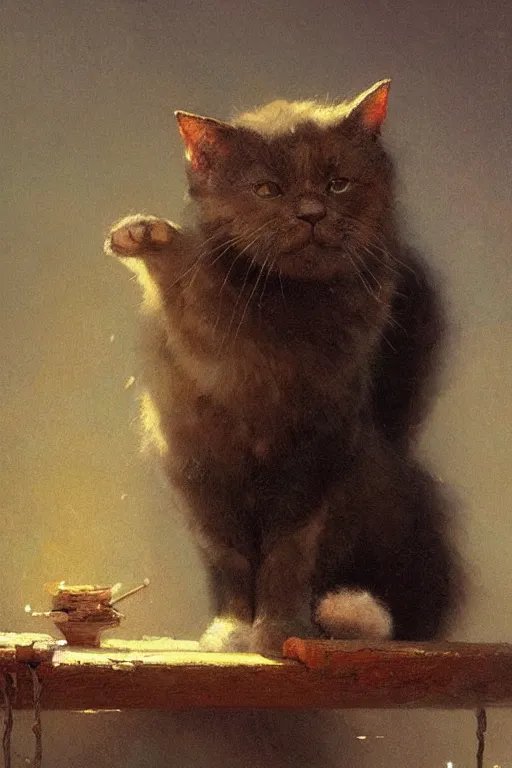 Image similar to a very cute kawai cat, beautiful painting by louis remy mignot, greg rutkowski, ilya repin, nice lighting, smooth tiny details, soft and clear shadows, low contrast, perfect