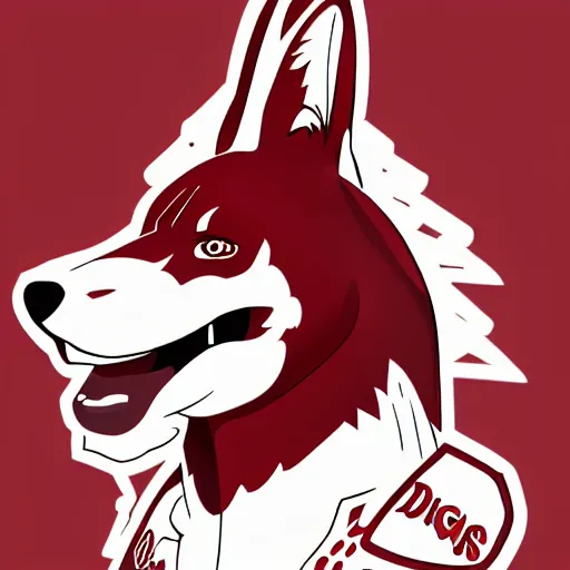 Image similar to A dingo mascot, maroon and white, NFL, highly detailed design, high evolution, legendary, smooth, sharp focus, dynamic lighting, intricate, trending on ArtStation, art by Paul Rand