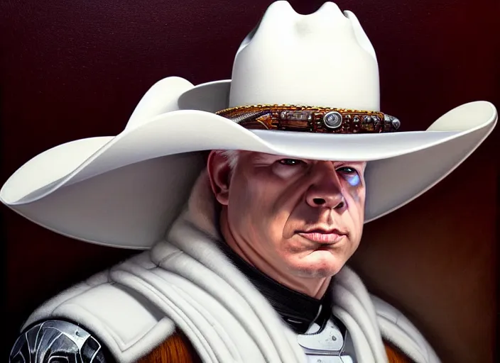 Image similar to portrait shot of white darth vader dressed like a texas sheriff wearing a cowboy hat, intricate, elegant, highly detailed, centered, digital painting, artstation, concept art, smooth, sharp focus, illustration, artgerm, tomasz alen kopera, peter mohrbacher, donato giancola, joseph christian leyendecker, wlop, boris vallejo