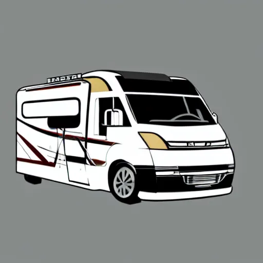 Prompt: very very very stylized minimal vector graphic of a thor chateau motorhome, highway, mountains and sunset!!, white background, all enclosed in a circle, dramatic, professional minimal graphic design cartoon, award winning