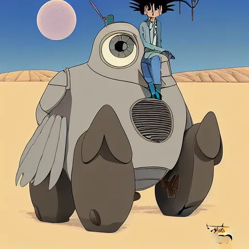 Prompt: a study of cell shaded cartoon of a mechanized grey owl from howl's moving castle ( 2 0 0 4 ), in front of pyramids on a desert road, full body, wide shot, very muted colors, post grunge, studio ghibli, laurie greasley, highly detailed, deviantart, art by artgem