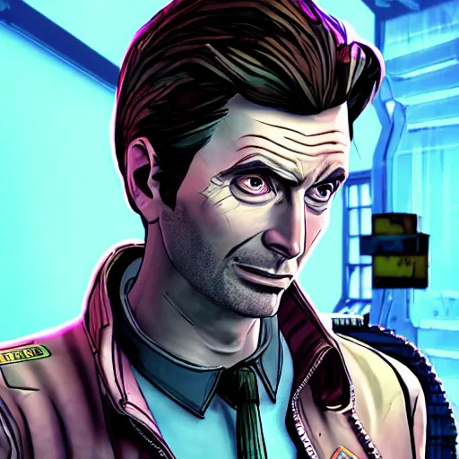 Prompt: david tennant portrait, borderlands, tales from the borderlands, the wolf among us, comic, cinematic lighting, studio quality, 8 k